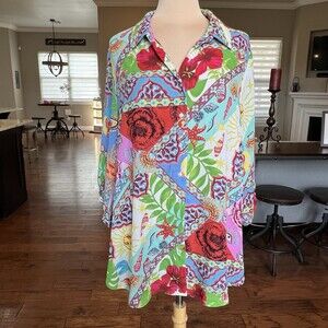 Cynthia Rowley Mermaid Top Women's Plus Size 2X Ocean Print Button Front
